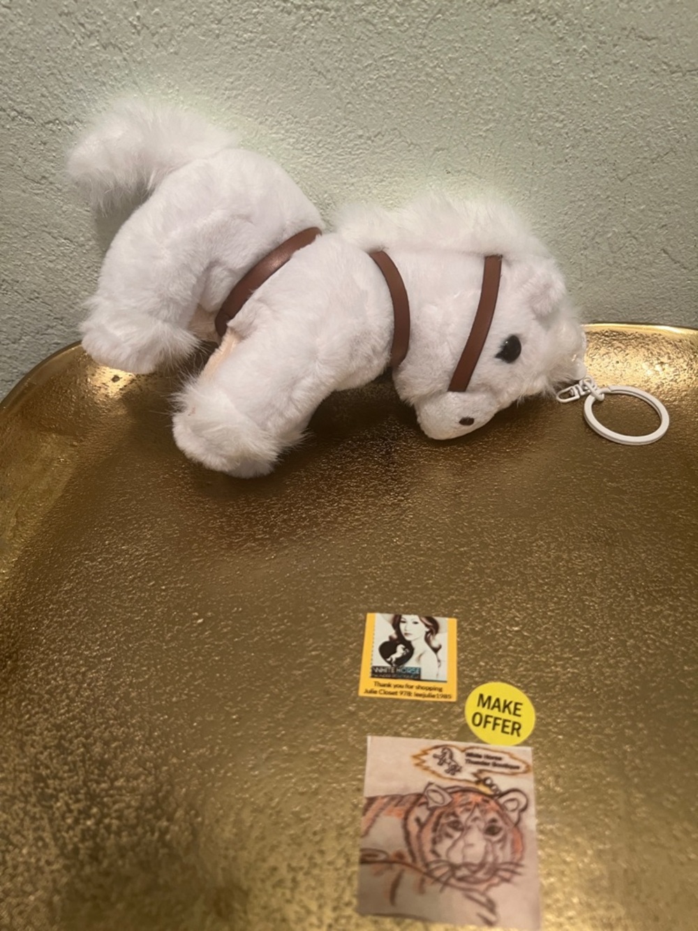 #1883* Plush White Horse Keychain with Brown Harness